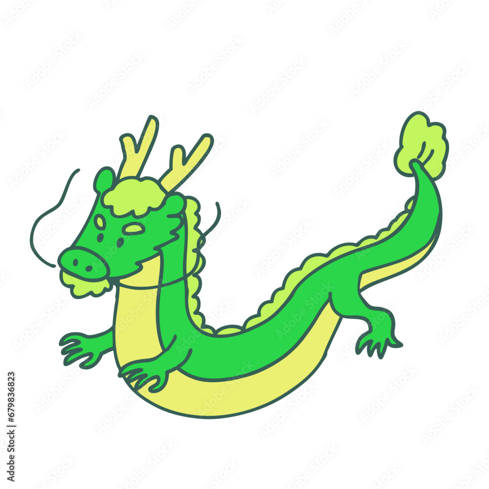 Obraz premium 緑色のシンプルなデフォルメの龍のイラスト