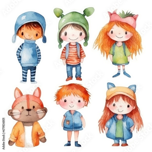 set Funny cute little girls and boys of watercolors on white background