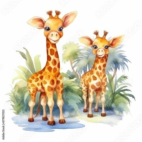 Funny cute giraffe of watercolors on white background