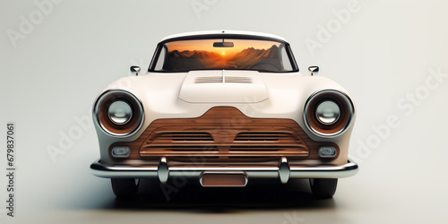 Frontal photo of a classic wooden car.