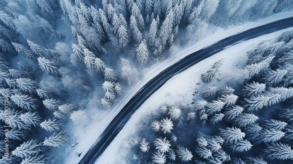 Curvy windy road in snow covered forest, top down aerial view Curvy windy road in snow covered forest, top down aerial view