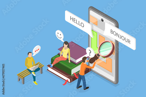 3D Isometric Flat Vector Illustration of Translating App, Multilanguage Translator