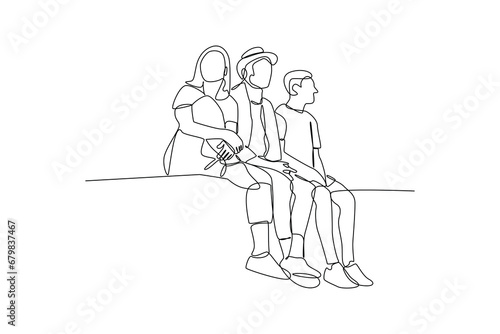 Three friends hanging out at beach. Hang out minimalist concept. simple continuous line, simple line, black and white design.