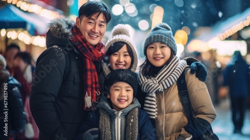 A joyous Asian family enjoying a winter day at the Christmas market.
