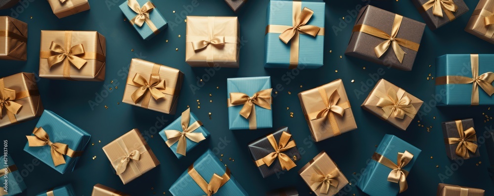 Perfect christmas presents banner with colorful gifts, bokeh panorama. Generative Ai Perfect christmas presents banner with colorful gifts, bokeh panorama. Generative Ai