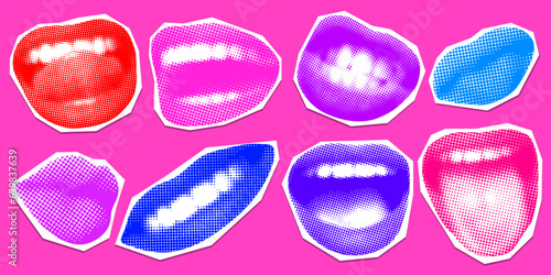 Set of female mouth isolated on white background. Set of retro halftone lips. Pop art. White teeth. Open mouth with tongue. Kissing mouth. Paper cutout. Newspaper parts. Colorful stickers with lips