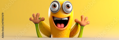 Banner with banana on yellow background. Hello. Welcome. Cute cartoon character tropical fruit with eyes. Banana Day. Funny header children's menu, website, advert, blog, kid friendly food