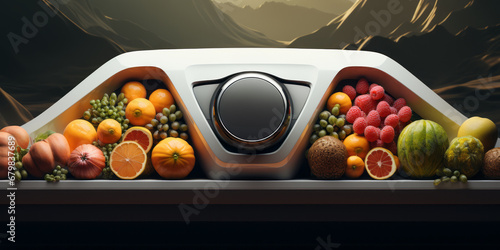 Assortment of different fruits and berries in a futuristic fridge.