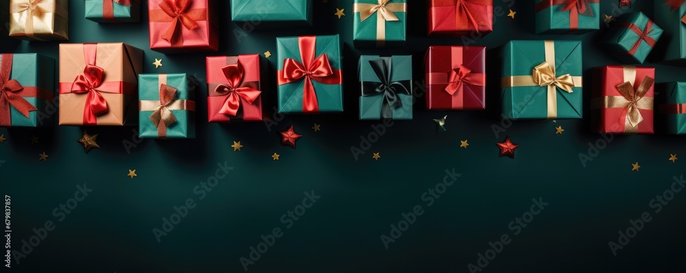 Perfect christmas presents banner with colorful gifts, bokeh panorama. Generative Ai