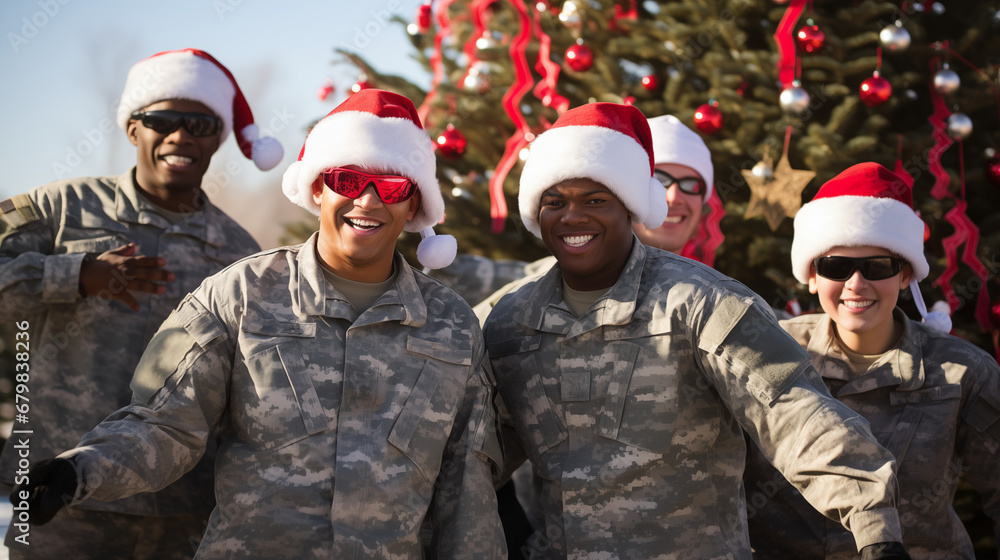group of soldiers in santa hats