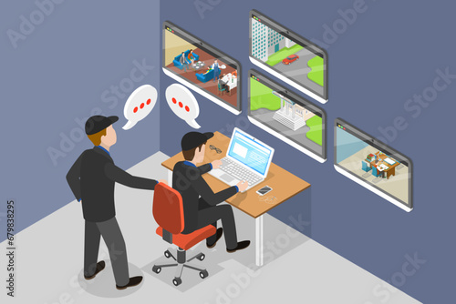 3D Isometric Flat Vector Illustration of Private Property Monitoring, CCTV Surveillance