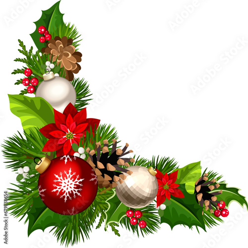 Christmas decorative corner background with red and silver Christmas balls, green fir branches, poinsettia flowers, pinecones, holly, and mistletoe. Vector illustration