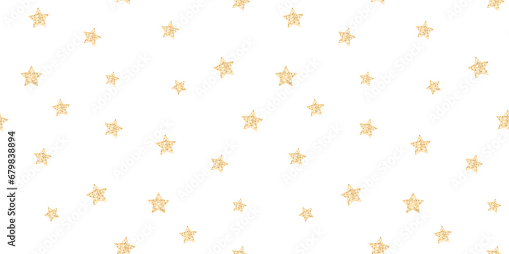 Golden glitter stars seamless texture, simple vector yellow confetti on white background. Festive sparkling minimalist modern texture - obrazy, fototapety, plakaty 