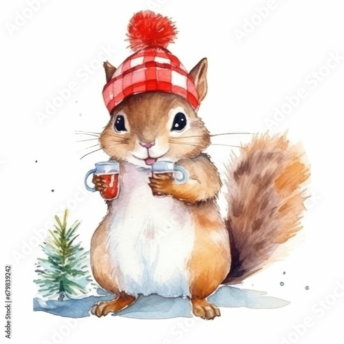 set Funny cute Christmas squirrel and chipmunk of watercolors on white background