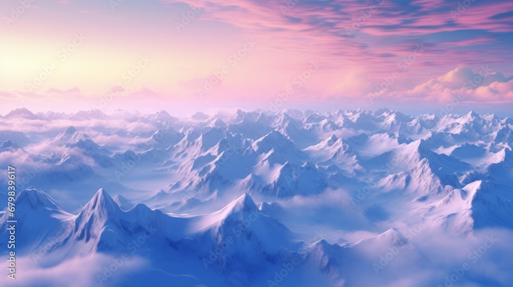 Aerial View from Airplane of Blue Snow Covered Canadian Mountain Landscape in Winter. Colorful Pink Sky Art Render. Tantalus Range near Squamish, North of Vancouver, British Columbia, Canada