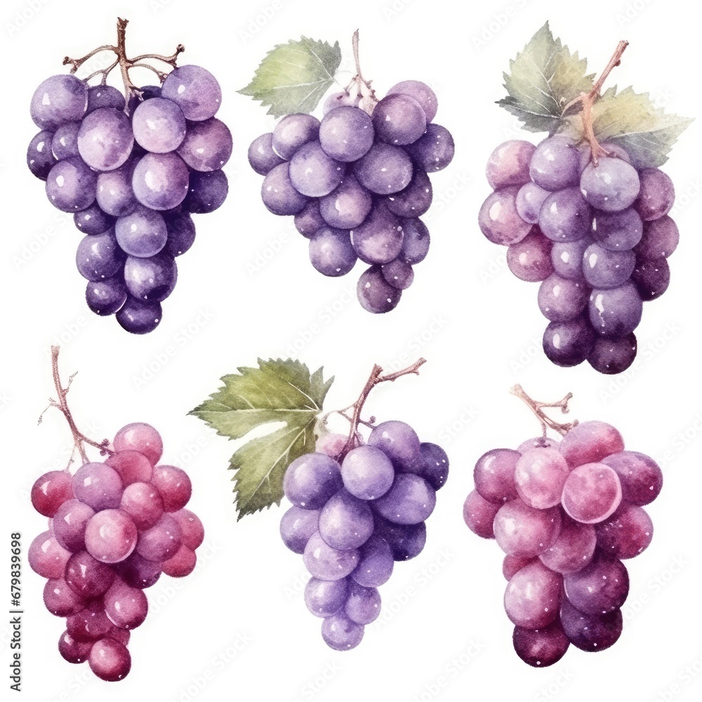 set bunches of blue purple grapes of watercolors on white background set bunches of blue purple grapes of watercolors on white background