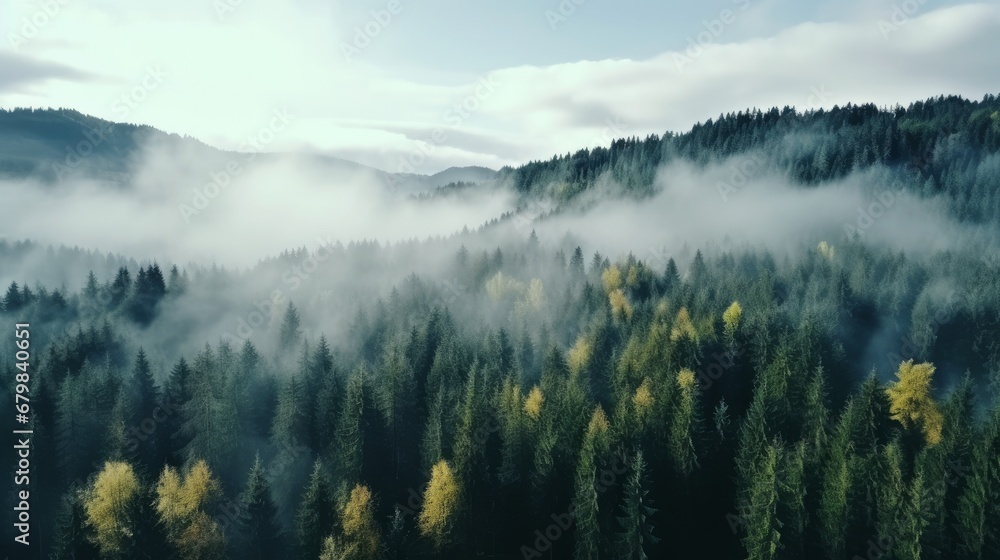 Foggy Autumn Coniferous Forest Landscape aerial view background Travel serene scenic view - obrazy, fototapety, plakaty 