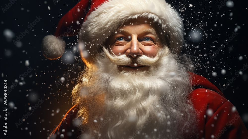 portrait of a cheerful Santa Claus, new year, christmas, symbol, eve, celebration, holiday, postcard, Saint Nicholas, face, eyes, beard, hat, red suit, snow, lights, magic, fairy tale, black, winter portrait of a cheerful Santa Claus, new year, christmas, symbol, eve, celebration, holiday, postcard, Saint Nicholas, face, eyes, beard, hat, red suit, snow, lights, magic, fairy tale, black, winter
