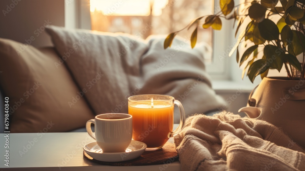Still life details in home interior of living room. Sweaters and cup of tea with steam on a serving tray on a coffee table. Breakfast over sofa in morning sunlight. Cozy autumn or winter concept Still life details in home interior of living room. Sweaters and cup of tea with steam on a serving tray on a coffee table. Breakfast over sofa in morning sunlight. Cozy autumn or winter concept