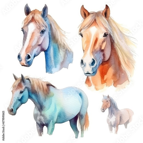 set Funny cute horse racers of watercolors on white background