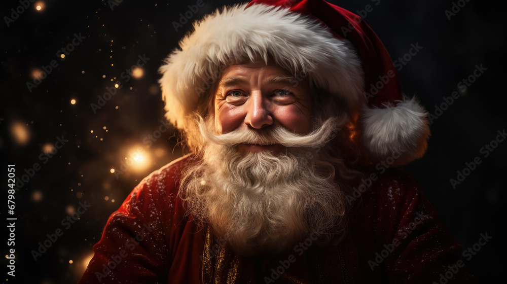 portrait of a cheerful Santa Claus, new year, christmas, symbol, eve, celebration, holiday, postcard, Saint Nicholas, face, eyes, beard, hat, red suit, snow, lights, magic, fairy tale, black, winter portrait of a cheerful Santa Claus, new year, christmas, symbol, eve, celebration, holiday, postcard, Saint Nicholas, face, eyes, beard, hat, red suit, snow, lights, magic, fairy tale, black, winter