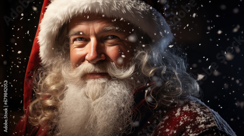 portrait of a cheerful Santa Claus, new year, christmas, symbol, eve, celebration, holiday, postcard, Saint Nicholas, face, eyes, beard, hat, red suit, snow, lights, magic, fairy tale, black, winter