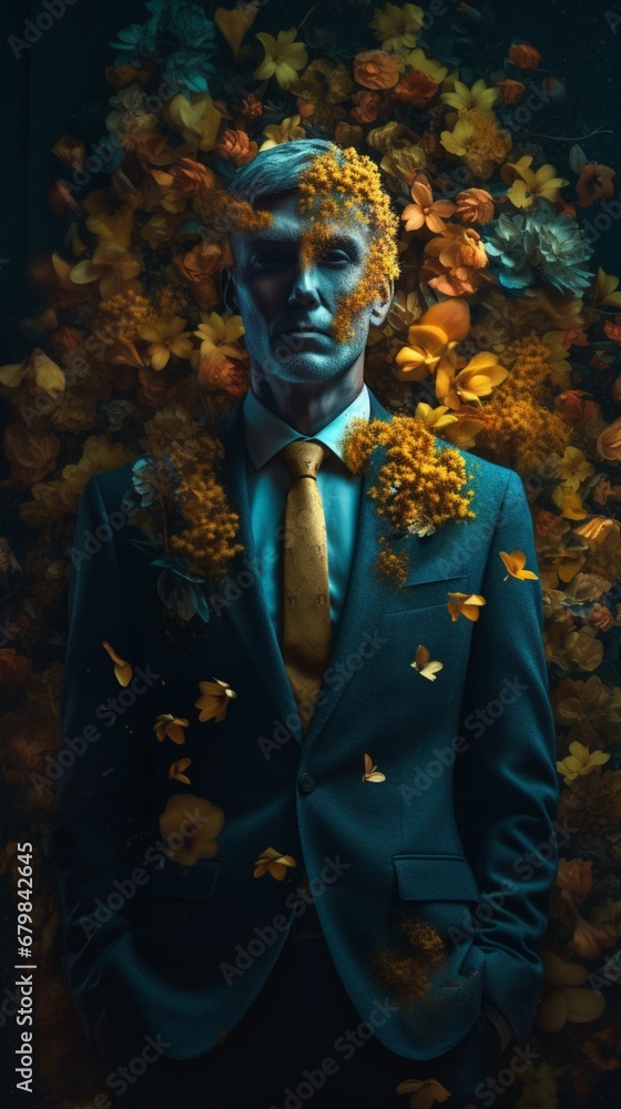 Man wearing suit tie filled with flowers illustration picture AI generated art