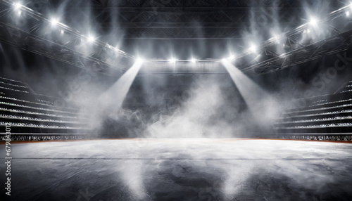 sports arena with concrete floor with smokes and spotlights