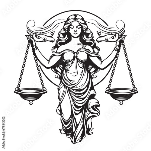 Themis statue holding scales . Symbol of justice and order contour clip art. Libra or law identity concept simple vector isolated on white background