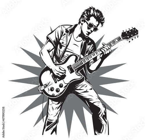 Male guitarist performing live on stage. Rock or Metal band. Music festival. Guy shredding electric guitar. Musical concert icon, sign or symbol. Young person party. Line art vector illustration.