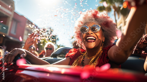Portrait of a happy laughing elderly African-American woman in bright eccentric clothes at a street carnival in a southern town