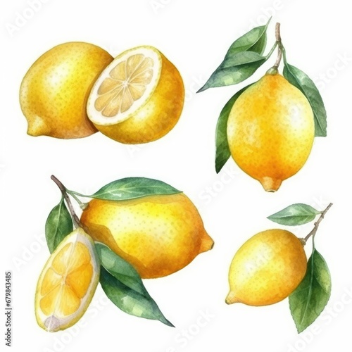 set yellow lemon of watercolors on white background