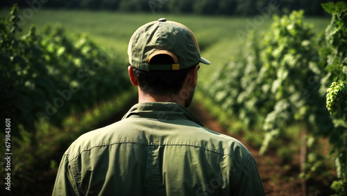 Rear view of farmer on hopfield, farm worker growing hop on plantation, generative ai illustration photo