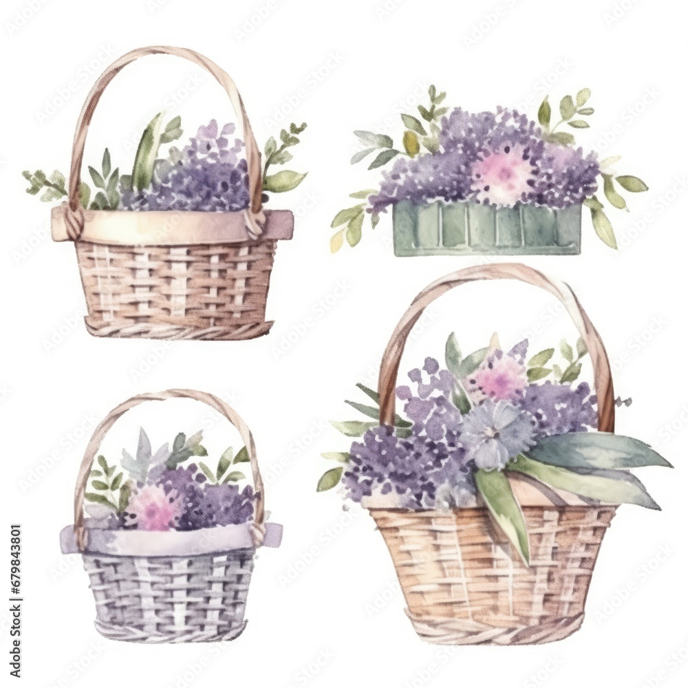 set basket with bright bouquet of flowers of watercolors on white background