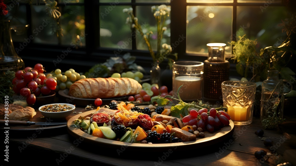 Romantic dinner on the wooden table in the garden at sunset 