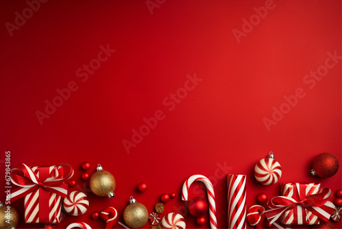 christmas decor on red background with candy canes, bows and baubles