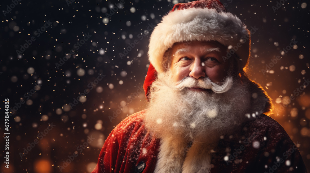 portrait of a cheerful Santa Claus, new year, christmas, symbol, eve, celebration, holiday, postcard, Saint Nicholas, face, eyes, beard, hat, red suit, snow, lights, magic, fairy tale, black, winter portrait of a cheerful Santa Claus, new year, christmas, symbol, eve, celebration, holiday, postcard, Saint Nicholas, face, eyes, beard, hat, red suit, snow, lights, magic, fairy tale, black, winter