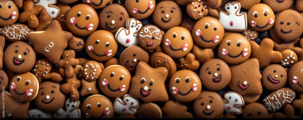 Obraz premium Top view of many gingerbread christmas cookies, baking panorama banner. Generative Ai.