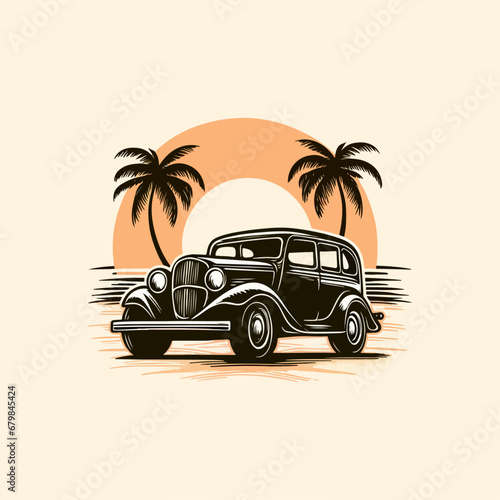 Artwork of retro t-shirt graphic design flat design of retro vintage car on beach white Miami pastel colorful shades. Ai Generated