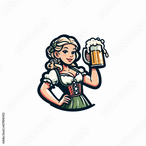 Vector mascot logo of Pretty bavarian girl with beer stiens vector, Pretty Girl Oktoberfest Logo. Ai Generated
