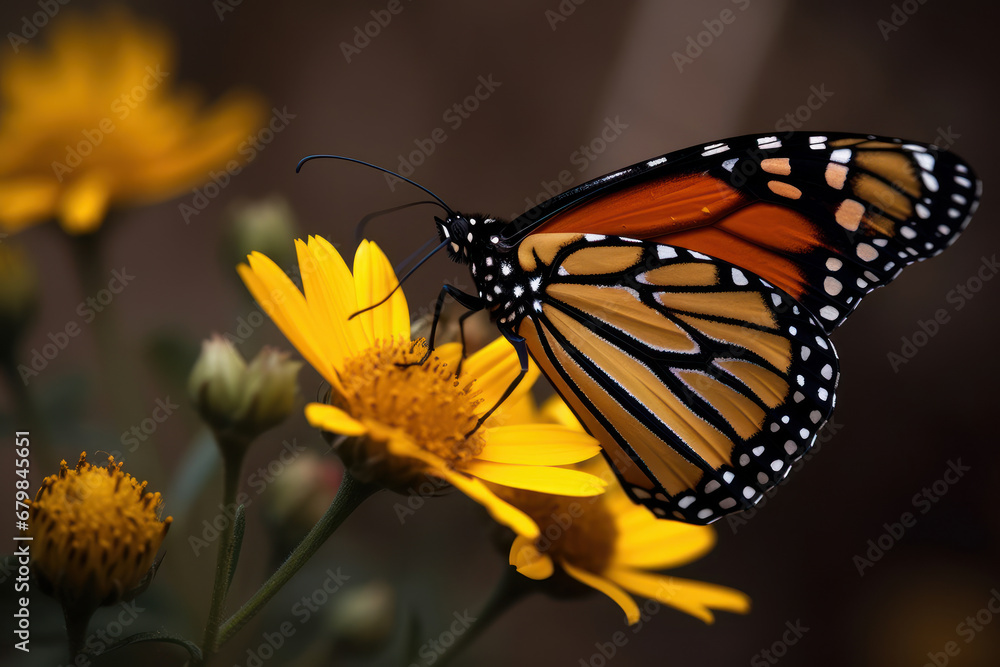 Obraz premium Butterfly drinking among colorful flowers. Generative AI.