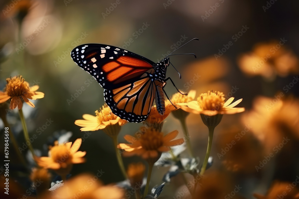 Obraz premium Butterfly drinking among colorful flowers. Generative AI.