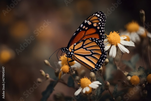 Butterfly drinking among colorful flowers. Generative AI.