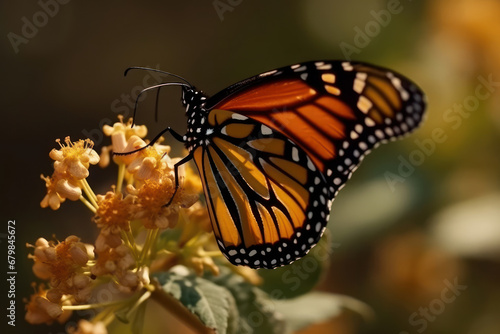 Butterfly drinking among colorful flowers. Generative AI. © Agustin