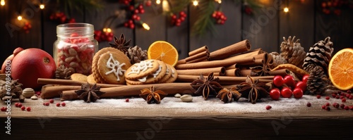 Minimalist christmas ingredients panorama in banner winter style.. Generative Ai.