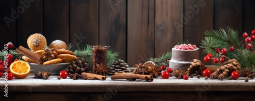 Minimalist christmas ingredients panorama in banner winter style.. Generative Ai.