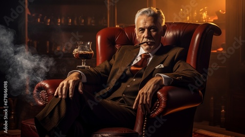 In Chair Sitting Senior Business Man With Cigar And Whisky