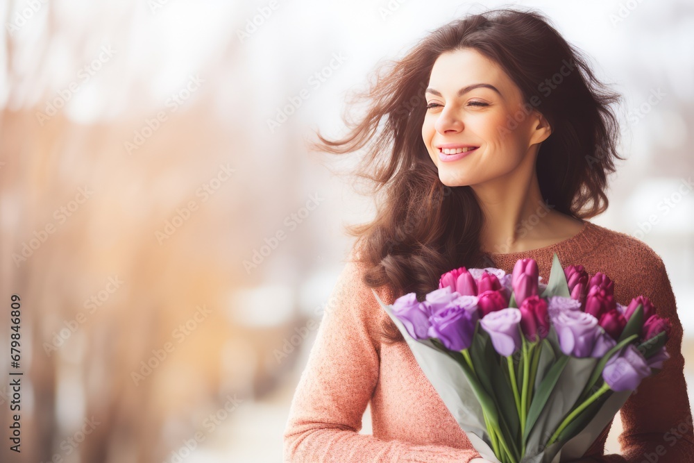 Fototapeta premium Elegant Woman Embracing a Bouquet in Lilac and Pink. Celebrating International Women's Day with Abundant Space for Text