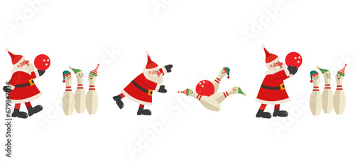 Santa Claus play bowling seamless border pattern. Comic Santa, bowling ball strike, funny pin, Elf hat cartoon design element illustration. Christmas festive party invitation frame background template