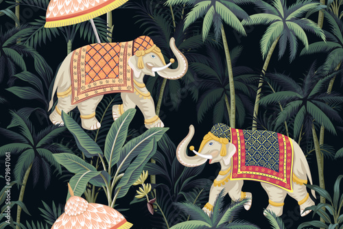 Indian elephant, palms, tropical plants seamless pattern. Jungle night wallpaper.